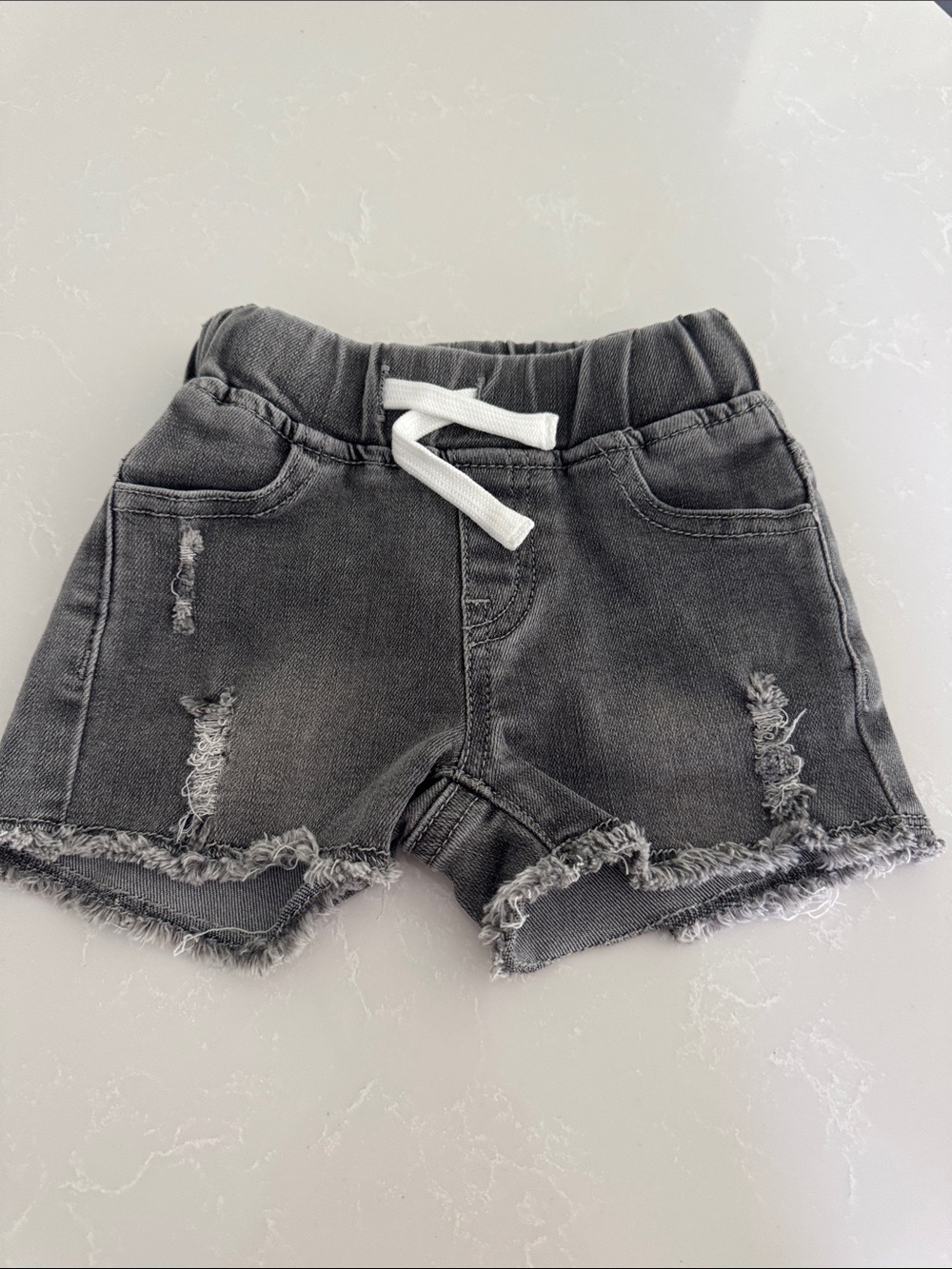 Little Bipsy Charcoal Distressed Denim-Style Shorts with White Drawstring